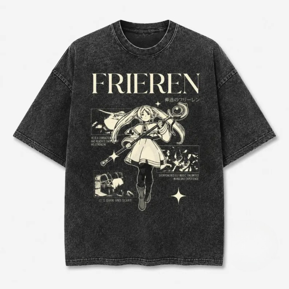 Acid Wash Vintage Graphic T Shirt - Maglietta Oversize Vintage Frieren Anime, T-Shirt